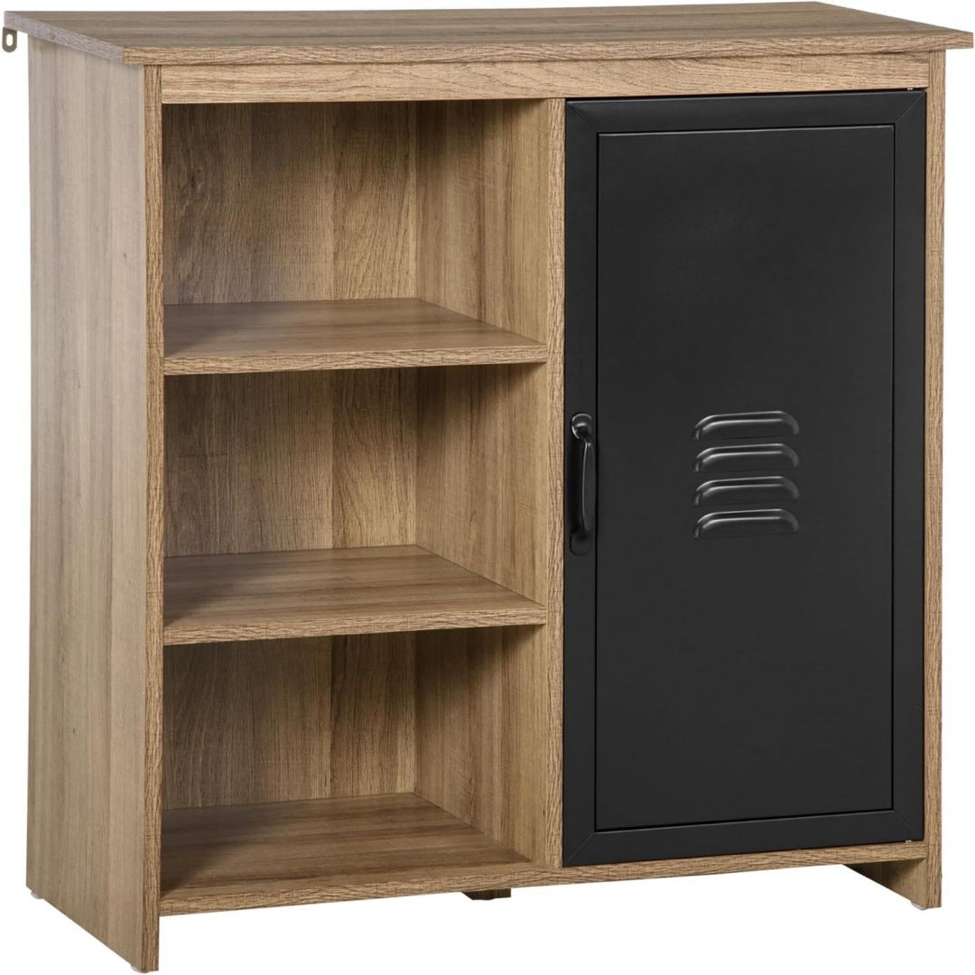 Bahut ouvert marron 3 etageres, a 2 portes 2 tiroirs style industriel