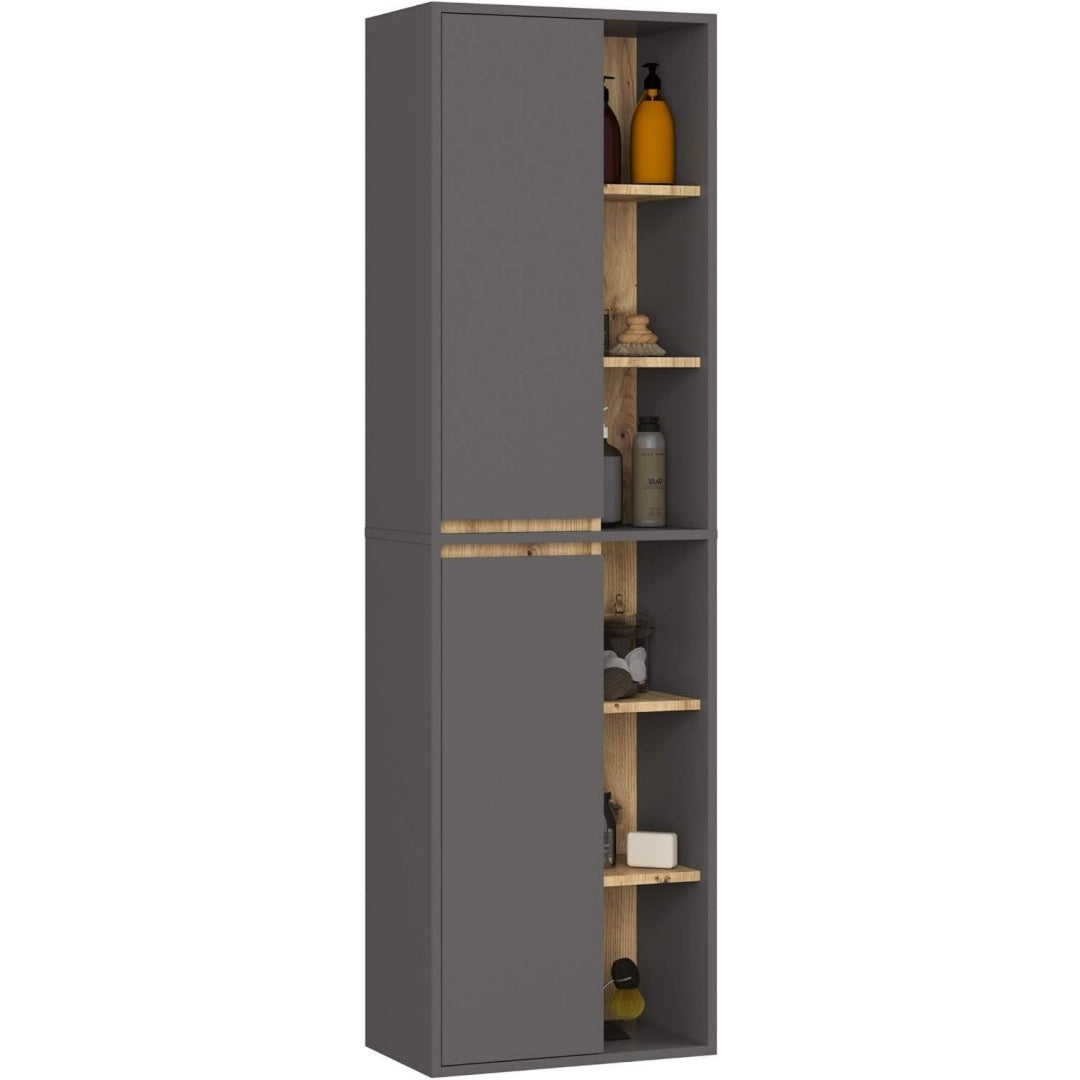Meuble colonne gris fonce, deux portes, finition chene
