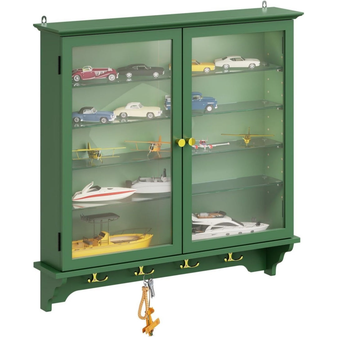 Espace, vitrine dexposition vert en panneau de particules etageres reglables