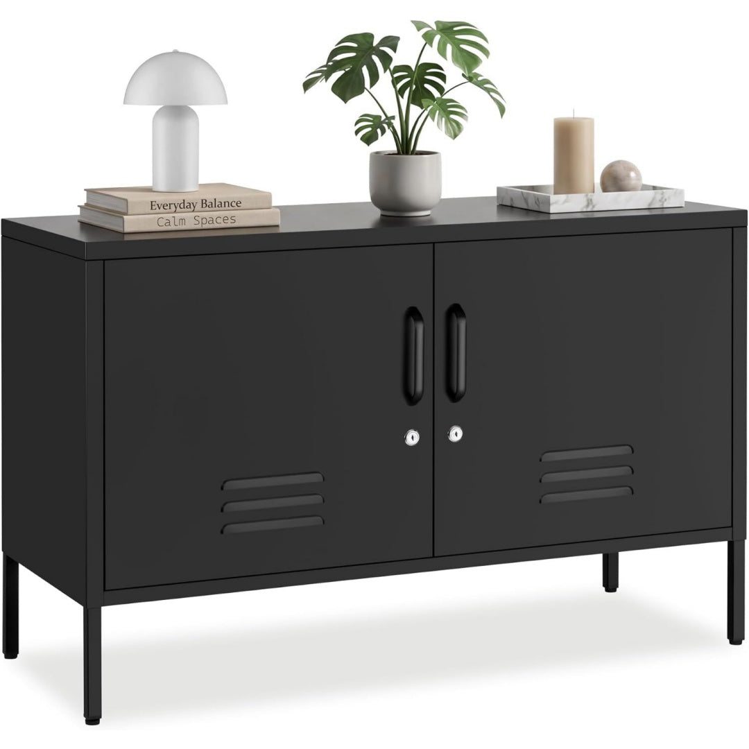 Buffet haut style industriel en acier gris fonce a 2 portes