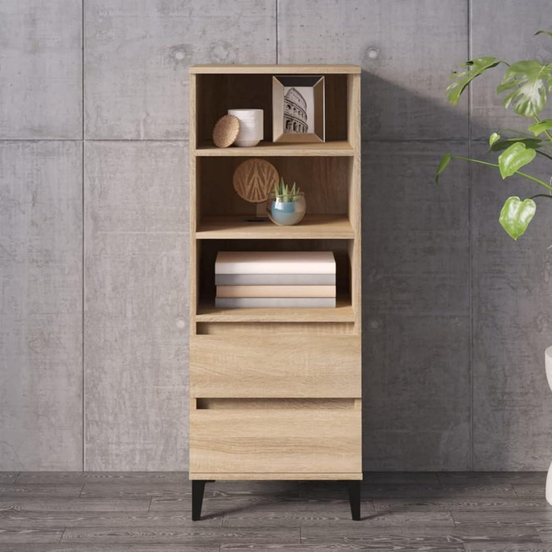 Buffet gris robuste 2 tiroirs et 3 etageres 40 x 36 x 110 cm